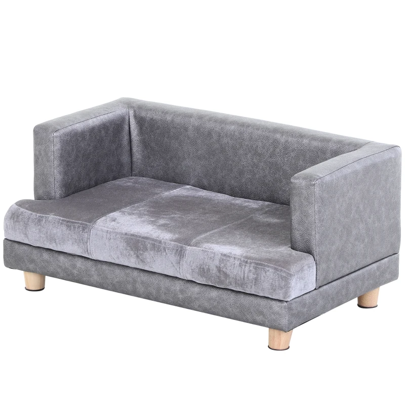PawHut Dog Sofa Bed for Small-Sized Dogs, Elevated Pet Chair with PU Cover, Soft Cushion, Cat Couch Lounger with Anti-slip Legs - Grey