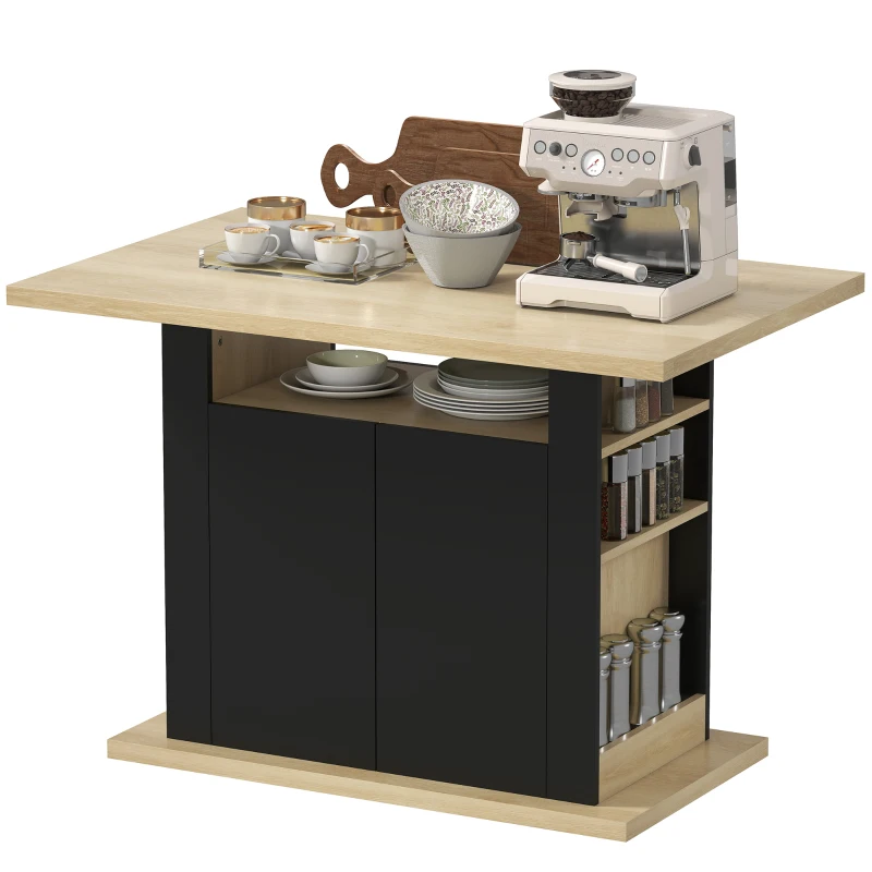 HOMCOM Kitchen Island with Spice Rack, Kitchen Storage with Large Tabletop for 4 People, Adjustable Shelves Black & Natural