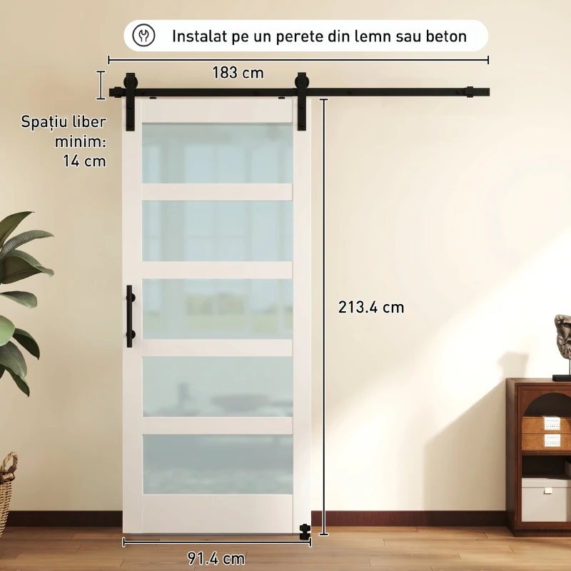 HOMCOM Ușă Glisantă 91,4 x 213,4 cm cu Kit, Panouri din Sticlă, Aspect Lemn Alb