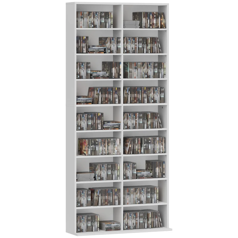 HOMCOM DVD-Regal, CD-Aufbewahrungsregal, 14 anpassbare Regale, 18 Fächer, 175 cm, Blu-ray-Regal, Spanplatte, Weiß