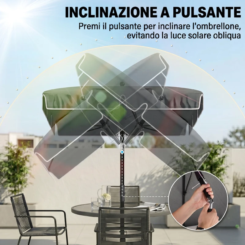 Outsunny Ombrellone da Giardino Rettangolare 2x1.3 m con Inclinazione Regolabile e Palo in Alluminio, Grigio e Nero