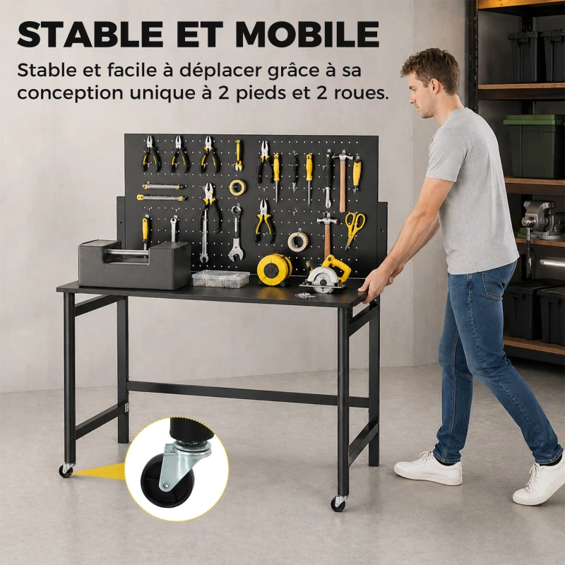 HOMCOM Établi d'atelier pliable à roulettes, 115x62x143,5cm, plan de travail avec panneau perforé, 30 crochets, noir