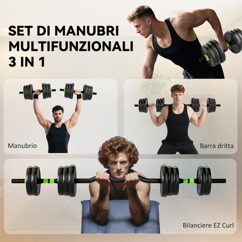 SPORTNOW Set Bilanciere con Pesi 3 in 1 da 16 Dischi e Impugnatura Antiscivolo, 140x20x20 cm, Verde