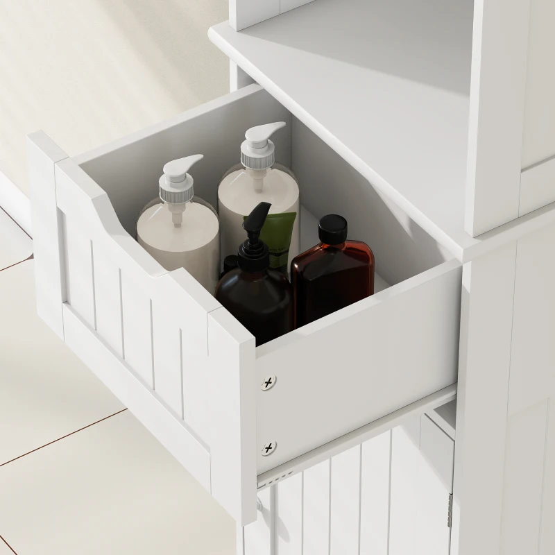 HOMCOM Mobile Colonna Bagno in Legno con 2 Armadietti con Sensore, Ripiano Aperto e Cassetto, 40x30x170 cm, Bianco