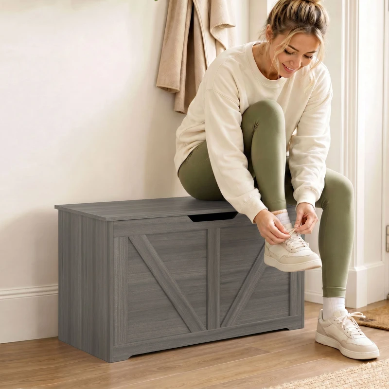 HOMCOM 100L Home Storage Box, with Safety Hinge - Dark Grey Wood-Effect