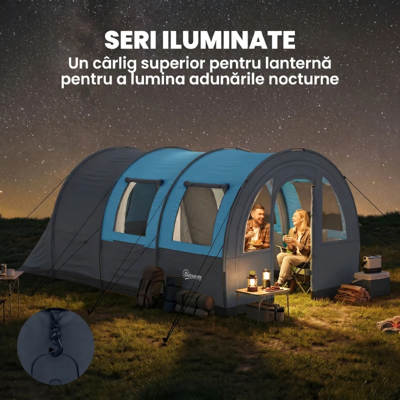 Outsunny Cort de Camping pentru 3 Persoane, Impermeabil, cu Zonă de Dormit și Zonă de Zi, din Poliester, 480x260x200 cm, Gri și Albastru