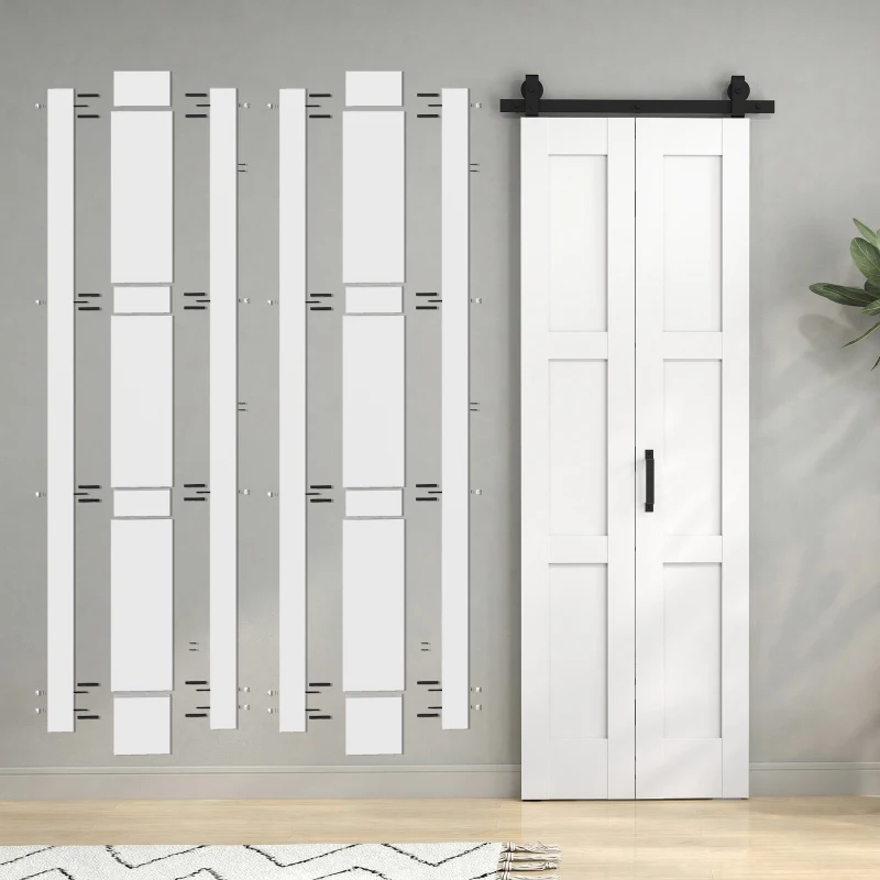 HOMCOM Porta Scorrevole Pieghevole in Legno 71.2x213.4 cm con Binario in Acciaio, Maniglia, Guida e Ruote, Bianca e Nera