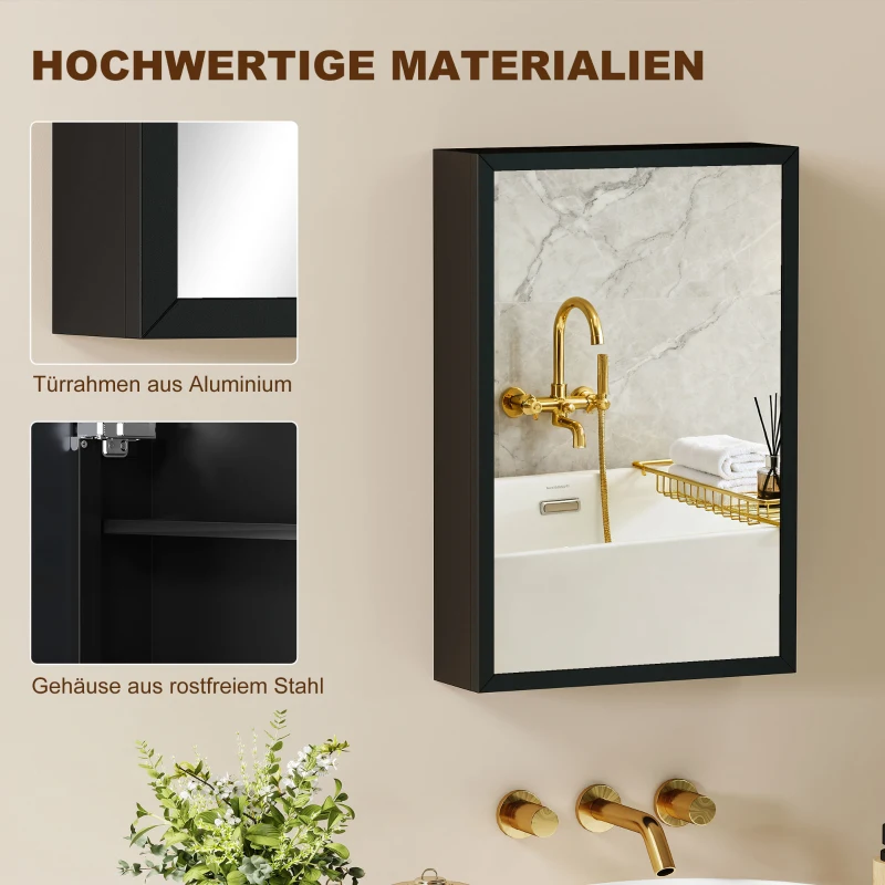 kleankin Spiegelschrank, Badschrank, 3 Regalfächer, Edelstahl, 40x12x60cm, Schwarz