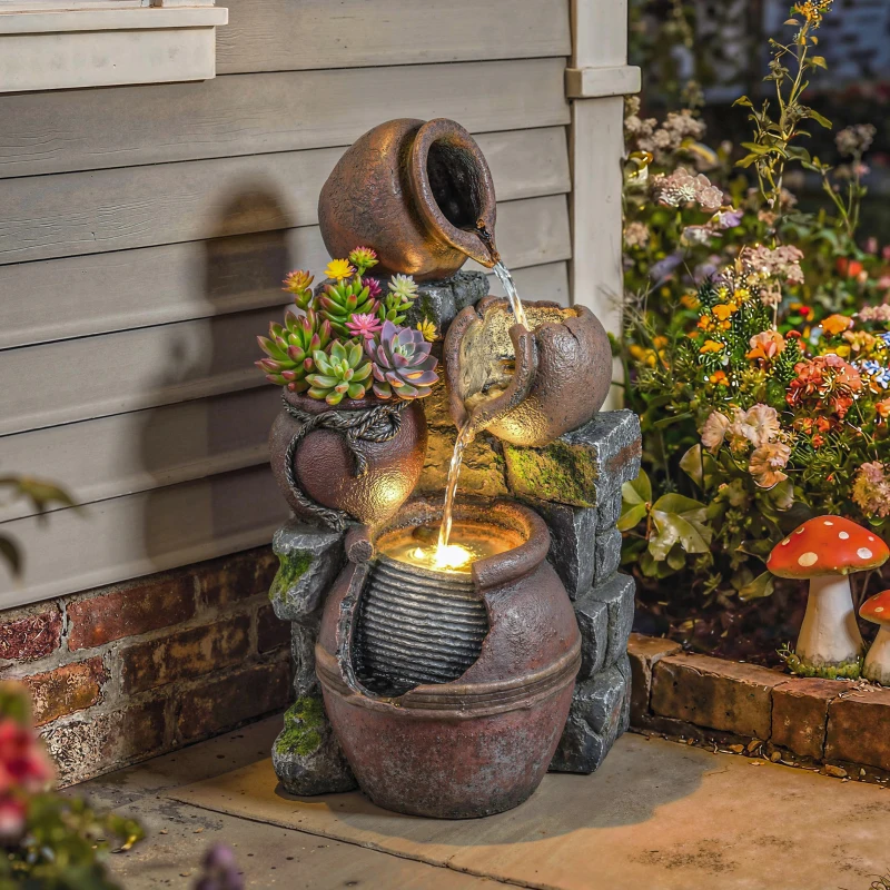 Outsunny Outdoor Fountain with 4-Tier Rustic Pots & Planter, Garden Fountain with LED Lights, Rustic Brown