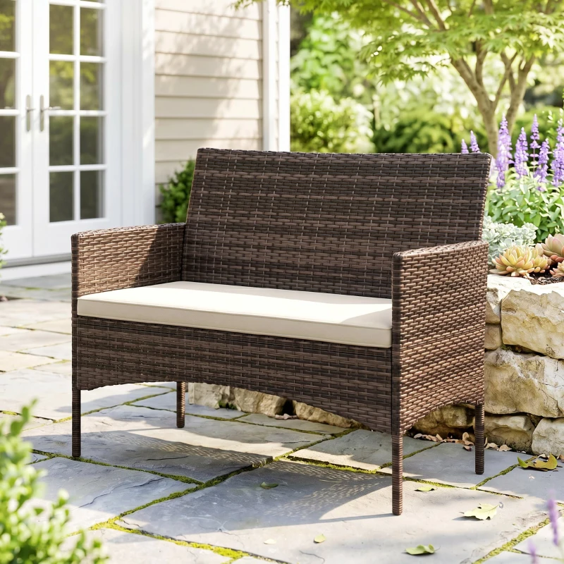 Outsunny Divano da Giardino 2 Posti con Cuscini e Tappetini Antiscivolo, in Rattan e Acciaio, 115x63x85 cm, Beige