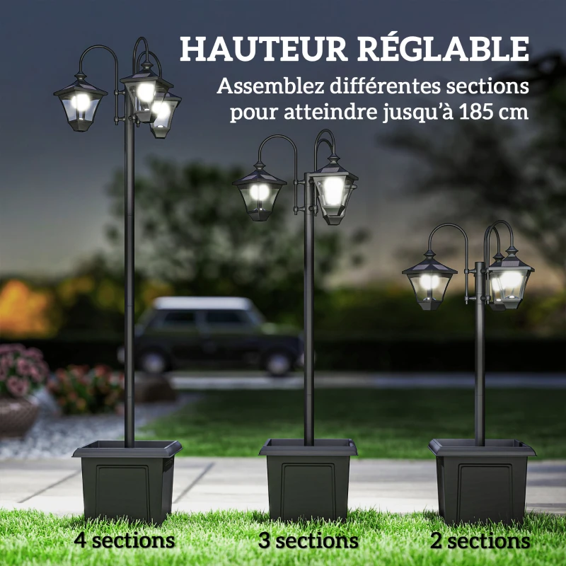 Outsunny Lampadaire Extérieur sur Pied à 3 Têtes avec Bac à Fleurs, Capteur Automatique Crépuscule à L'aube, 52x52x185cm, Noir