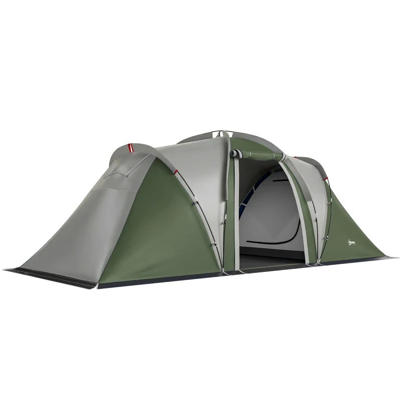 Outsunny Family Camping Tent 3000mm Waterproof Windproof Tunnel Tent 6 Person Two Bedrooms Green