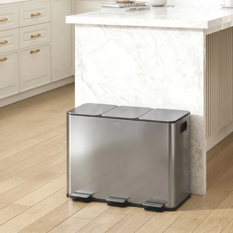 HOMCOM Bidone Immondizia a 3 Sezioni da 20L con Chiusura Silenziosa, in Acciaio Inox e PP, 61.9x36.6x56.7 cm