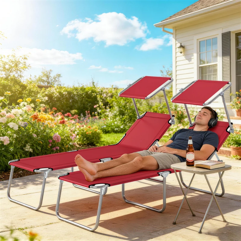 Outsunny Outdoor Foldable Sun Lounger Set of 2, 4 Level Adjustable Backrest Reclining Sun Lounger Chair with Angle