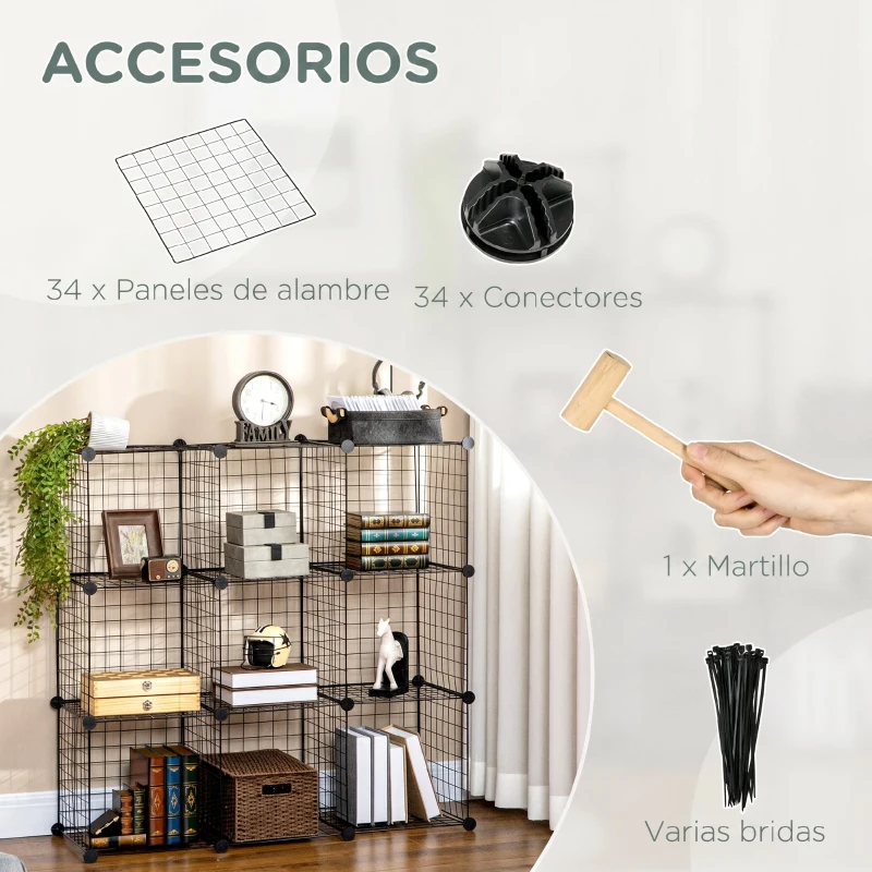HOMCOM Estantería Modular 9 Cubos Estantería Apilable de Alambre DIY Organizador de Almacenamiento Multiuso para Salón Negro