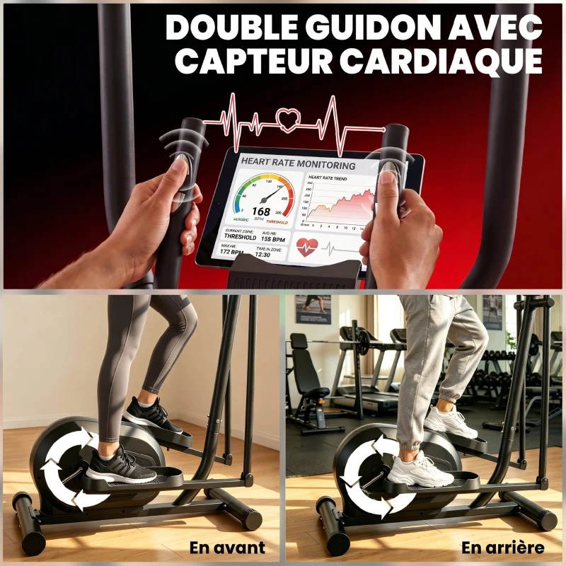 SPORTNOW Vélo Elliptique, Écran LCD, Résistance 8 Niveaux, Capteur Pouls, Bluetooth, Support pour Téléphone, 100x52x153cm, Gris