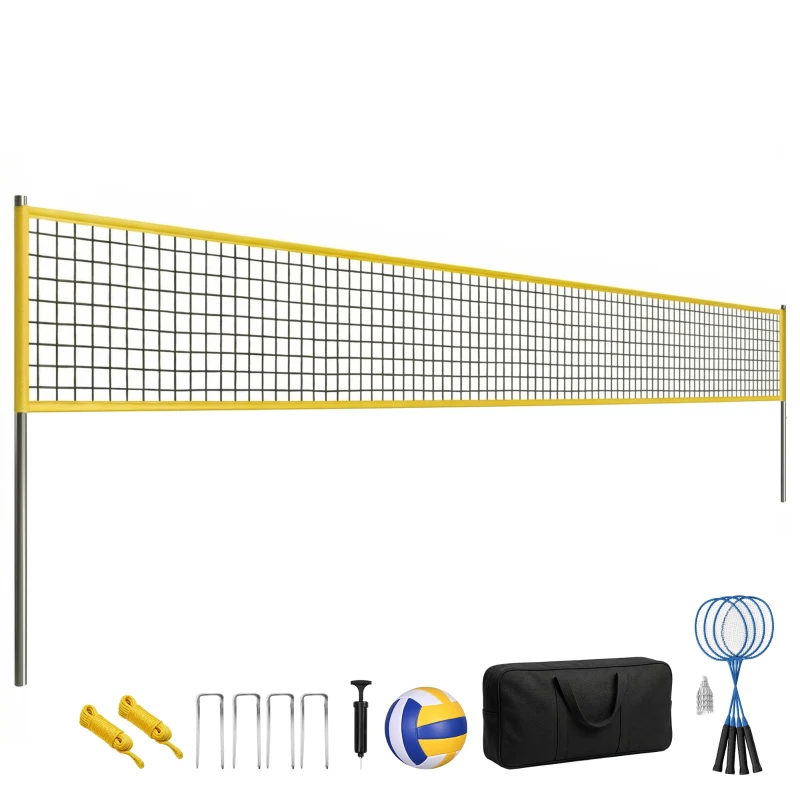 SPORTNOW Ensemble de Volley-Ball et Badminton, Poteaux en Acier Hauteur Réglable, Sac de transport, pour Pelouse Plage Jardin