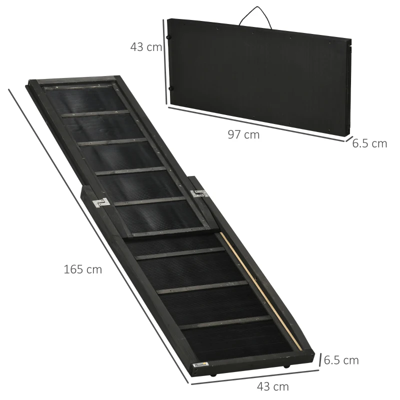 PawHut Rampa per Cani Pieghevole Antiscivolo in Legno con Maniglia Laterale, 43x165x6.5 cm, Nero