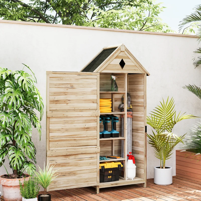 Outsunny Gartenschuppen mit 4 Regalen, Lagerschuppen aus Holz, wasserdichtes Asphalt-Dach, 80 x 49 x 170 cm, Hellbraun