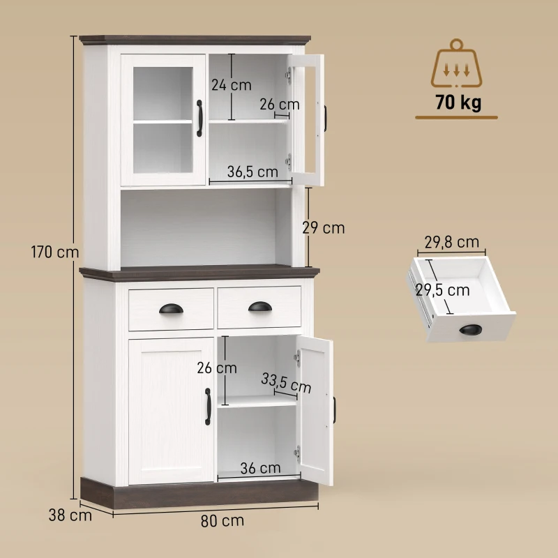 HOMCOM Hoher Küchenschrank mit Glastüren 2 Schubladen verstellbare Einlegeböden offenes Fach 80x38x170 cm Weiß