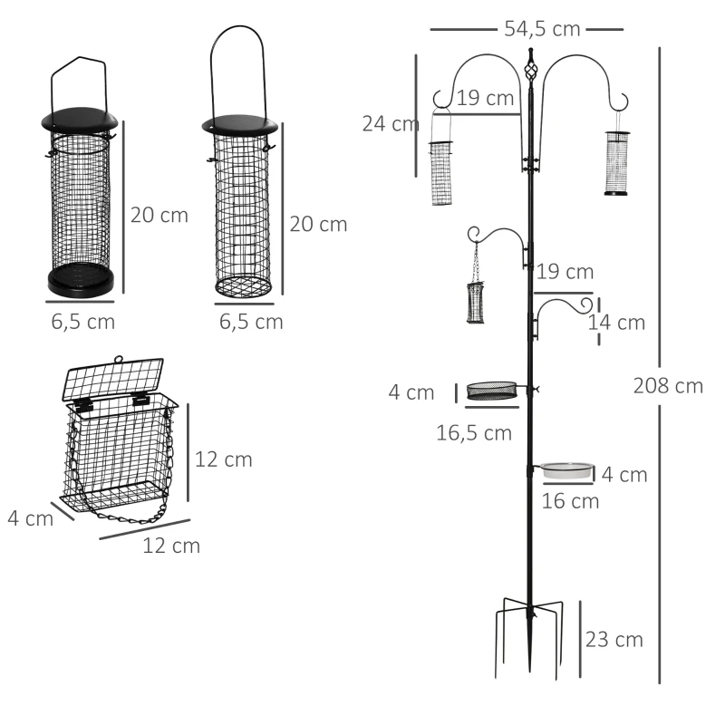 PawHut Station d'alimentation pour oiseaux en acier, mangeoir à oiseaux sur pied 208H cm avec 4 crochets, noir