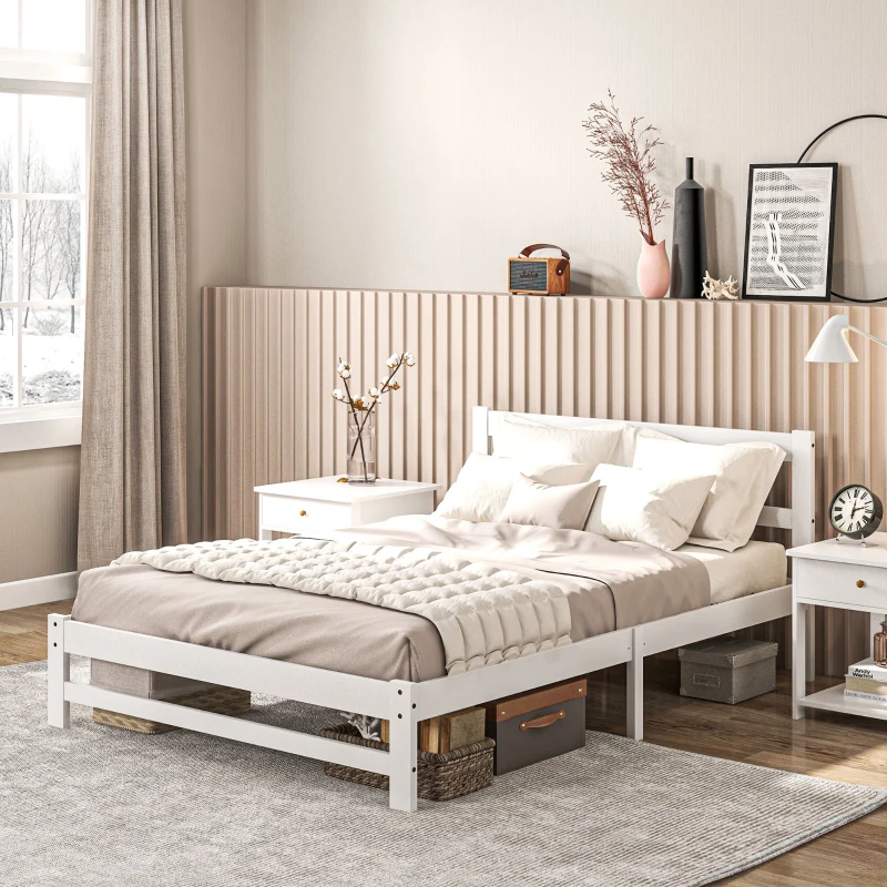 HOMCOM Marco de Cama de Madera 195x141 cm Estructura de Cama Doble para Colchón de 135x190 cm (no incluido) Carga 300 kg Blanco