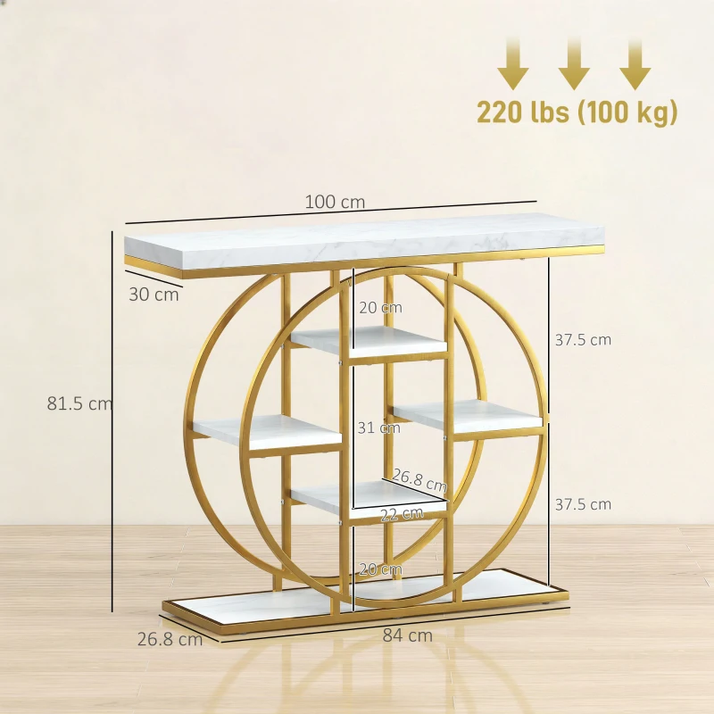 HOMCOM Masă consolă pentru hol Mobilier de intrare industrial 6 rafturi depozitare blat 4cm 100 x 30 x 81,5cm Alb