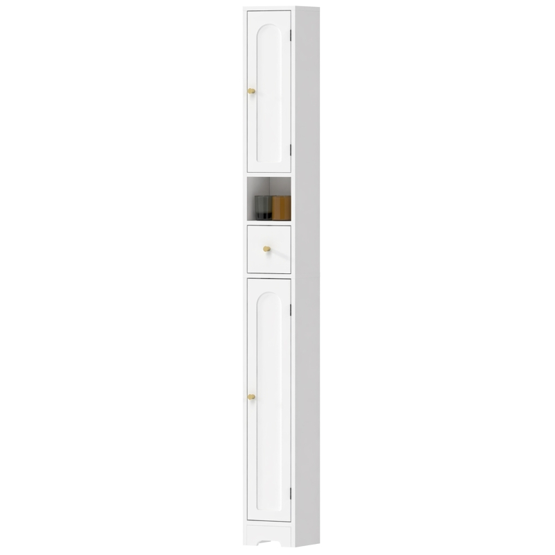 HOMCOM Badezimmerschrank schmaler Badschrank mit Schublade gewölbten Türen offenem Fach verstellbare Ablage 20x20x185 cm Weiß
