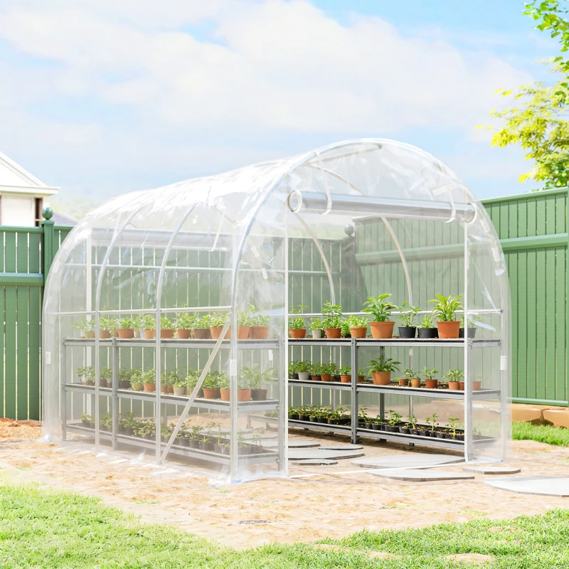 Outsunny Invernadero de Túnel 3x2x2 m con 2 Puertas Enrollables Estructura de Acero Galvanizado Cubierta PE Anti-UV Transparente
