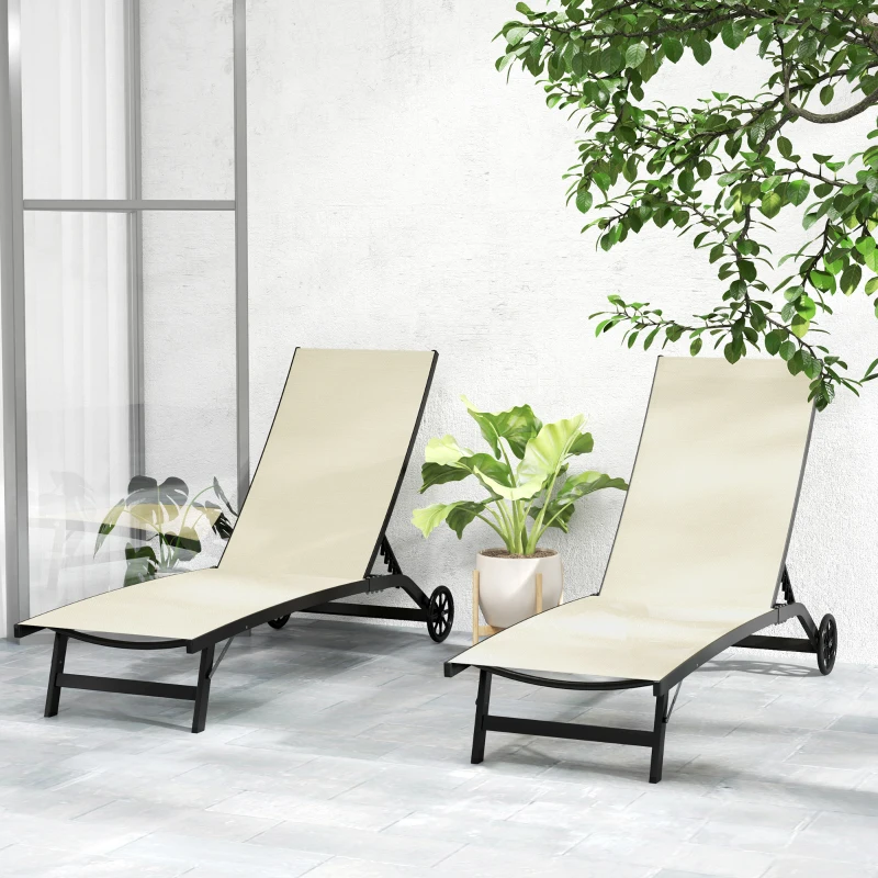 Outsunny Lot de 2 bains de soleil en aluminium et textilène avec roulettes dossier inclinable charge max. 150 Kg kaki