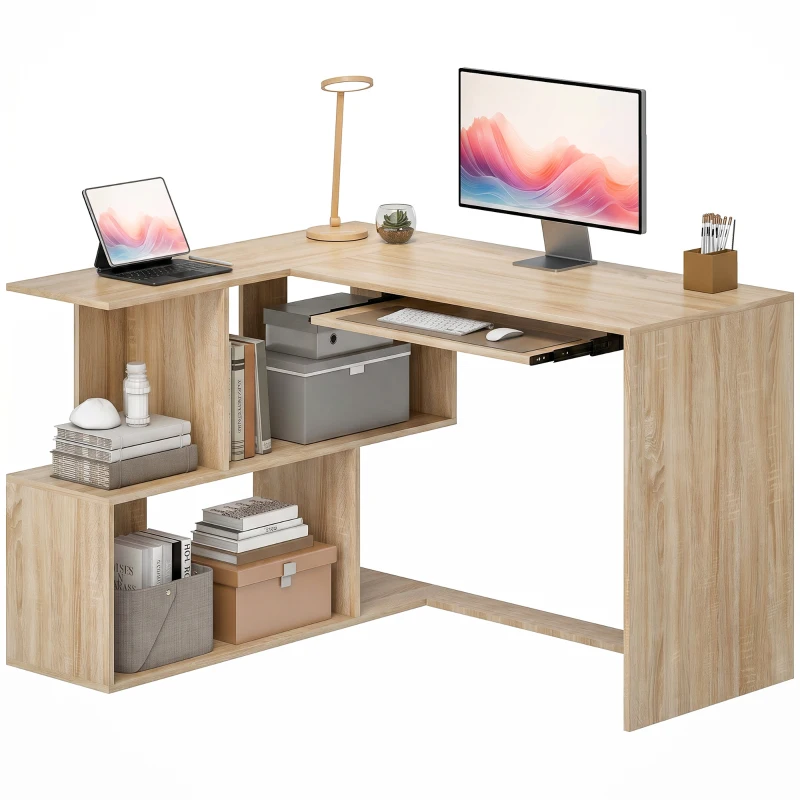 HOMCOM Bureau d'Angle, 120 x 100 x 76 cm, Bureau Informatique en L avec Plateau de Clavier, 4 Compartiments Ouverts, Naturel