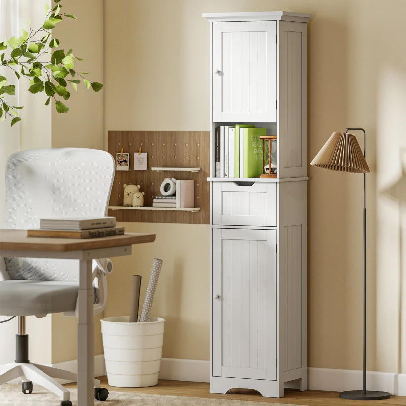 HOMCOM Mobile Colonna Bagno in Legno con 2 Armadietti con Sensore, Ripiano Aperto e Cassetto, 40x30x170 cm, Bianco