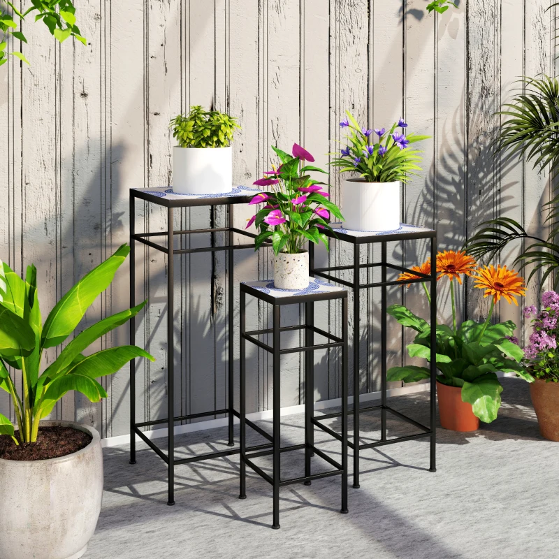 Outsunny 3er-Set Pflanzenständer, 3 verschieden große Gestelle zum Präsentieren von Blumen und anderen Gegenständen, Blau+Weiß