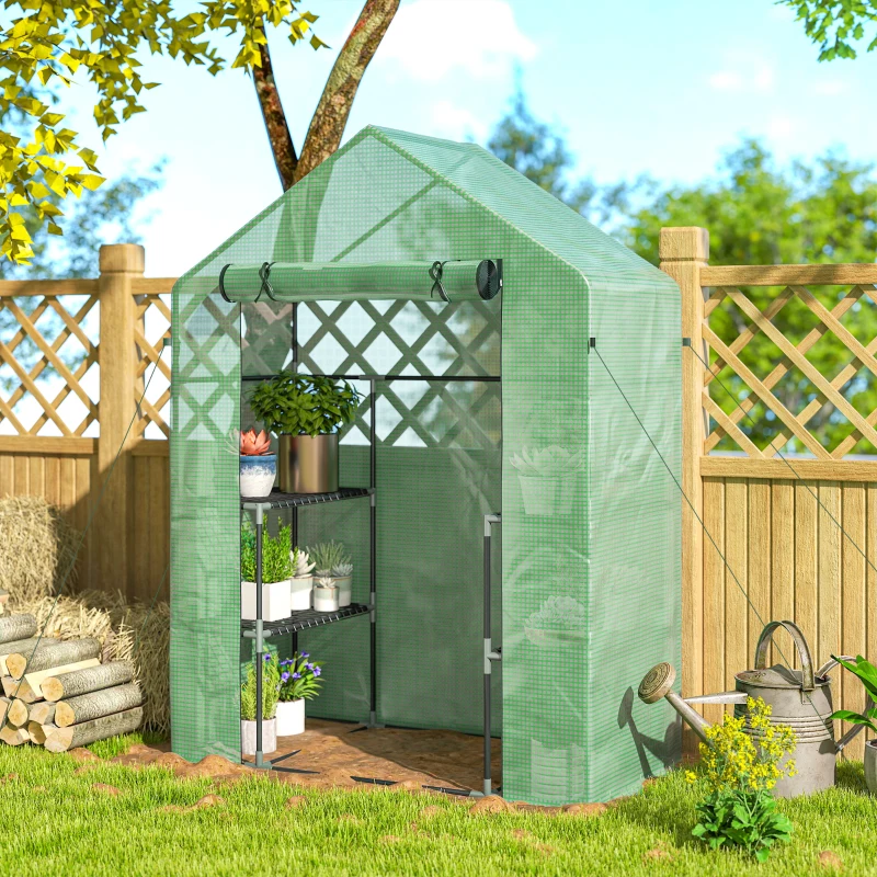 Outsunny Seră de Grădină cu 2 Rafturi pe 3 Niveluri și Intrare cu Fermuar, din Oțel și PE, 142x73x195 cm, Verde