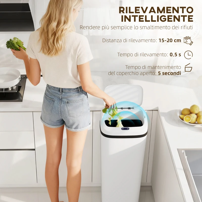 HOMCOM Pattumiera con Sensore a Infrarossi da 50L con 2 Modalità di Apertura, Superficie Anti-impronte, Bianco