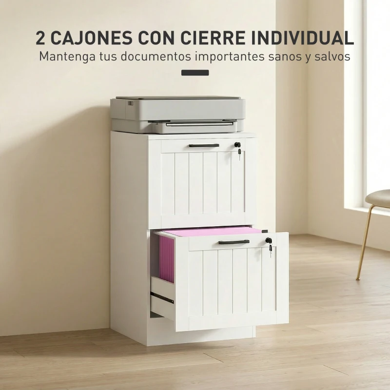 HOMCOM Mueble Archivador con 2 Cajones Cajonera para Escritorio con Cerraduras Rieles Colgantes Ajustables para A4 Blanco