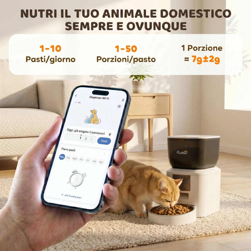 PawHut Distributore Automatico Cibo Gatti e Cani 4L WiFi 2.4G, App Controllo con Telecamera, Ciotola, Bianco
