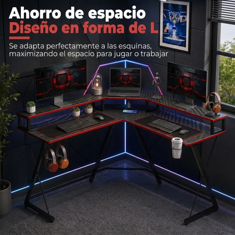 HOMCOM Mesa Gaming Esquinero con Enchufes en Forma de L 128x128 cm con Soporte para Monitor Gancho y Portavasos Negro