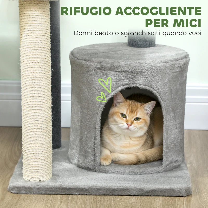 PawHut Albero per Gatti Multilivello Alto 103 cm con Pali Tiragraffi in Sisal, Casetta e Pallina in Peluche, Grigio