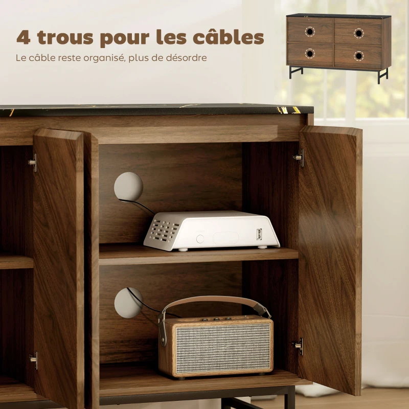HOMCOM Meuble TV, meuble télé avec 4 portes, plateau effet marbre, étagères réglables, 120x39x76cm, noyer