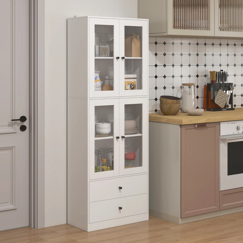 HOMCOM Alacena de Cocina Alta con 4 Puertas de Vidrio 2 Cajones Estantes Ajustables 59x30x170 cm Blanco