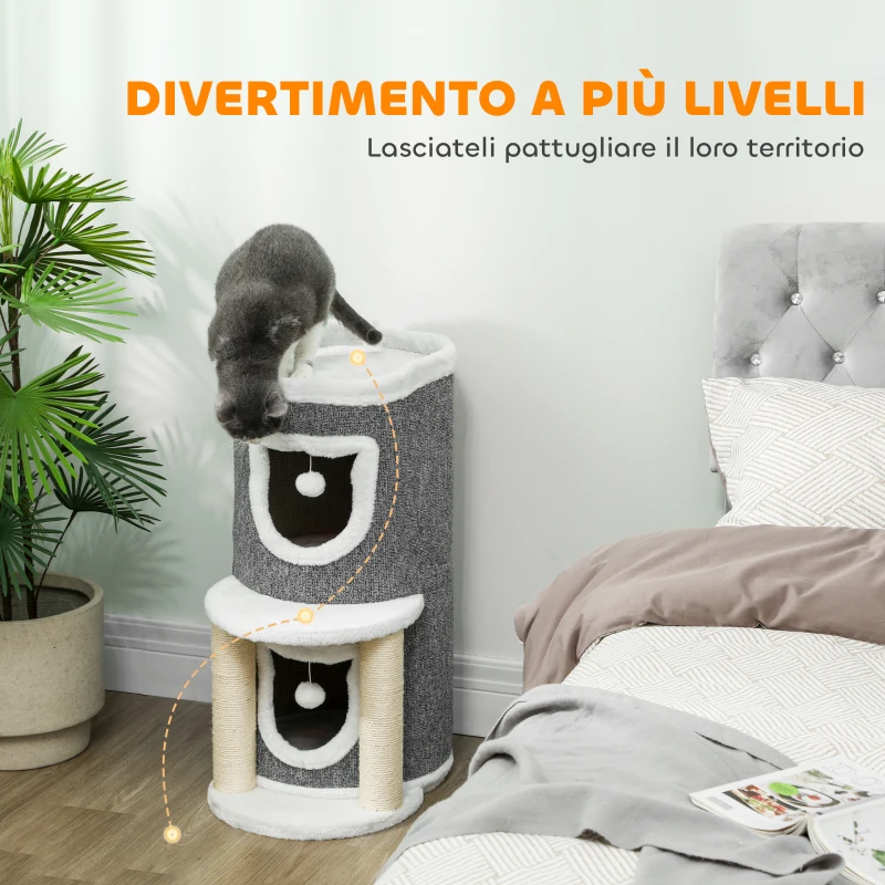 PawHutPawHut Albero Tiragraffi per Gatti Alto 76 cm con Casette, Lettino, Palline e Pali in Sisal, Grigio