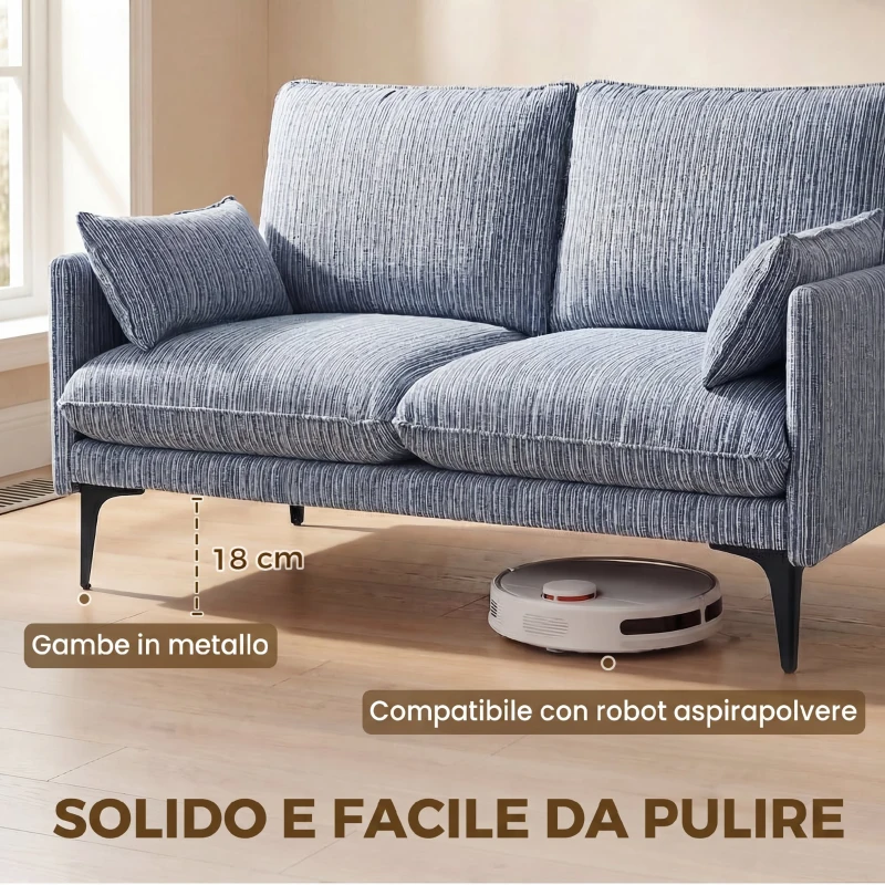 HOMCOM Divano 2 Posti in Tessuto con Braccioli, Imbottitura Spessa e 2 Cuscini, 131x78x83 cm, Blu
