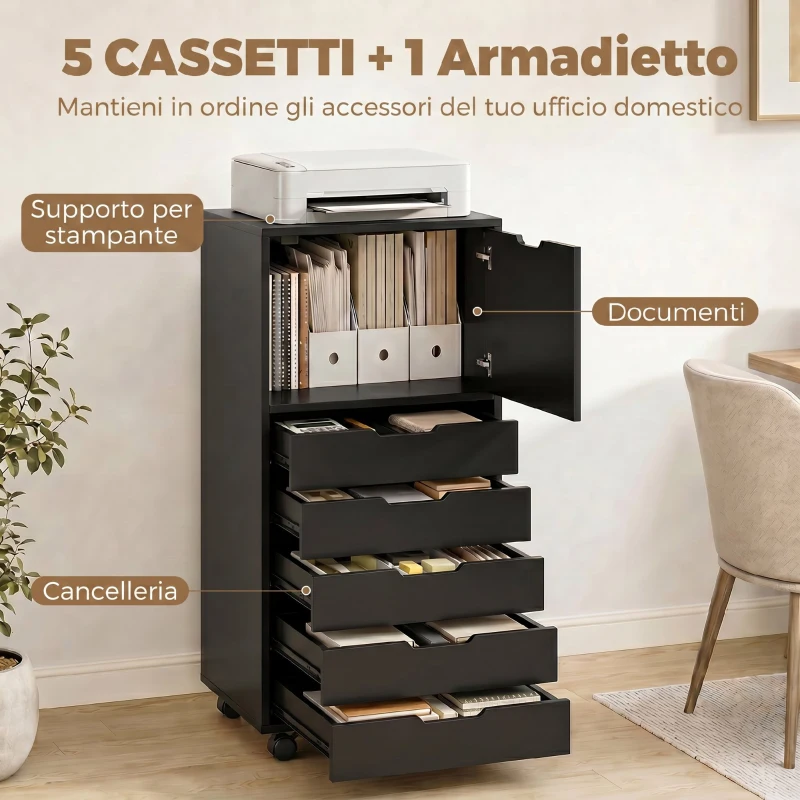 HOMCOM Mobile Archivio Stampante con 5 Cassetti e Ruote, Nero