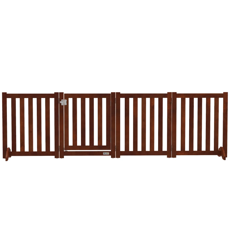 PawHut Barrière de sécurité chien pliable double face en bois, 4 panneaux avec porte, pieds de support, 205 x 60 cm, marron