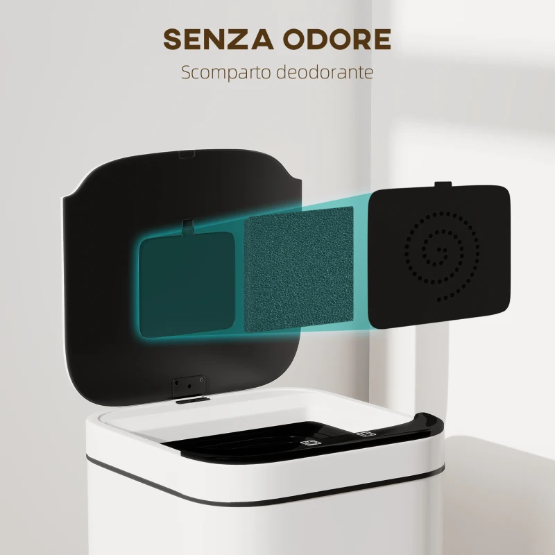 HOMCOM Bidone per Immondizia da 13L con Sensore e Spazio per Deodoranti, in Acciaio e PP, 24x24x41 cm, Bianco e Nero