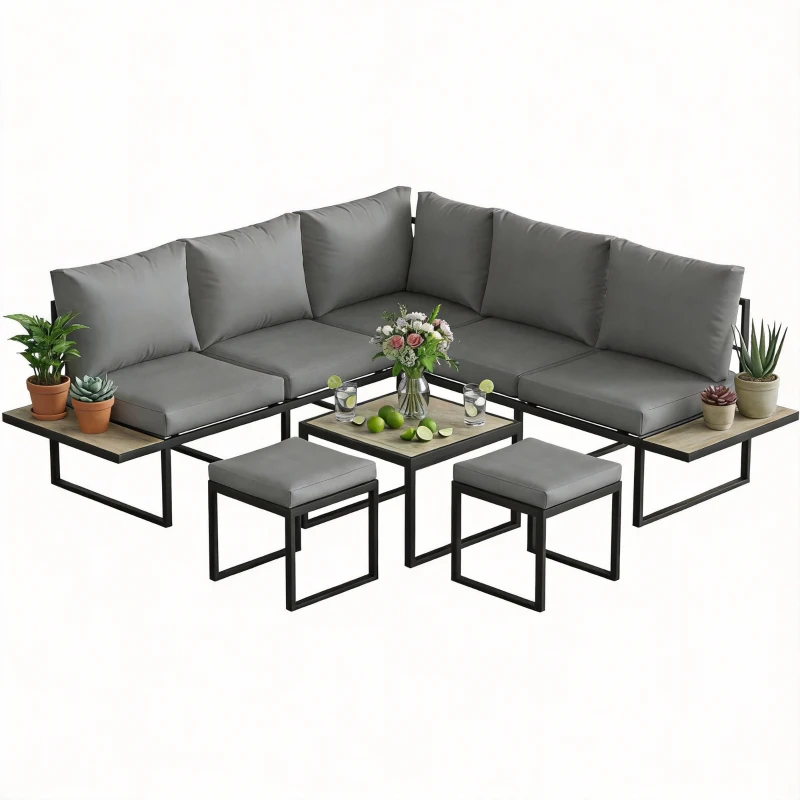 Outsunny Salon de jardin extérieur 6 personnes modulable table basse et plateaux latéraux en bois PSPC coussins épais 10cm gris