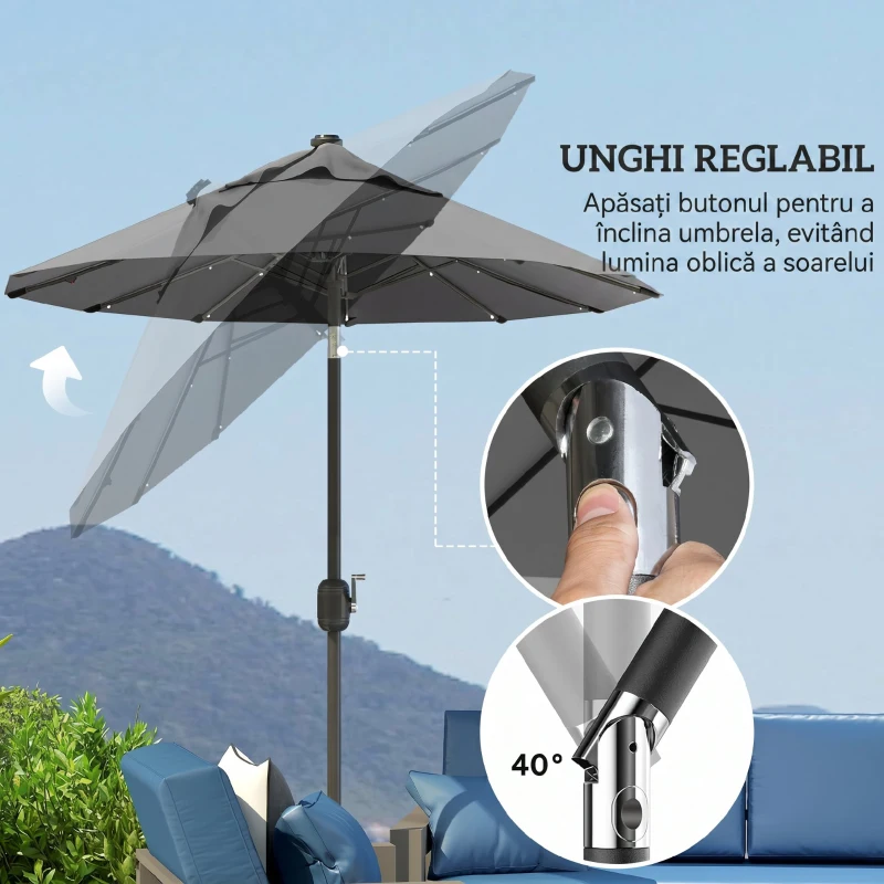 Outsunny Umbrelă dublă cu bază în formă de cruce și lumini solare, 295x150x219cm, gri