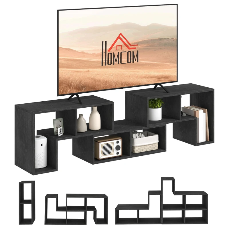 HOMCOM Mobilier TV modulabil pentru televizoare de până la 75" cu 2 rafturi în formă de L și poliță dreptunghiulară, din lemn, 134-180x30,5x44 cm, negru