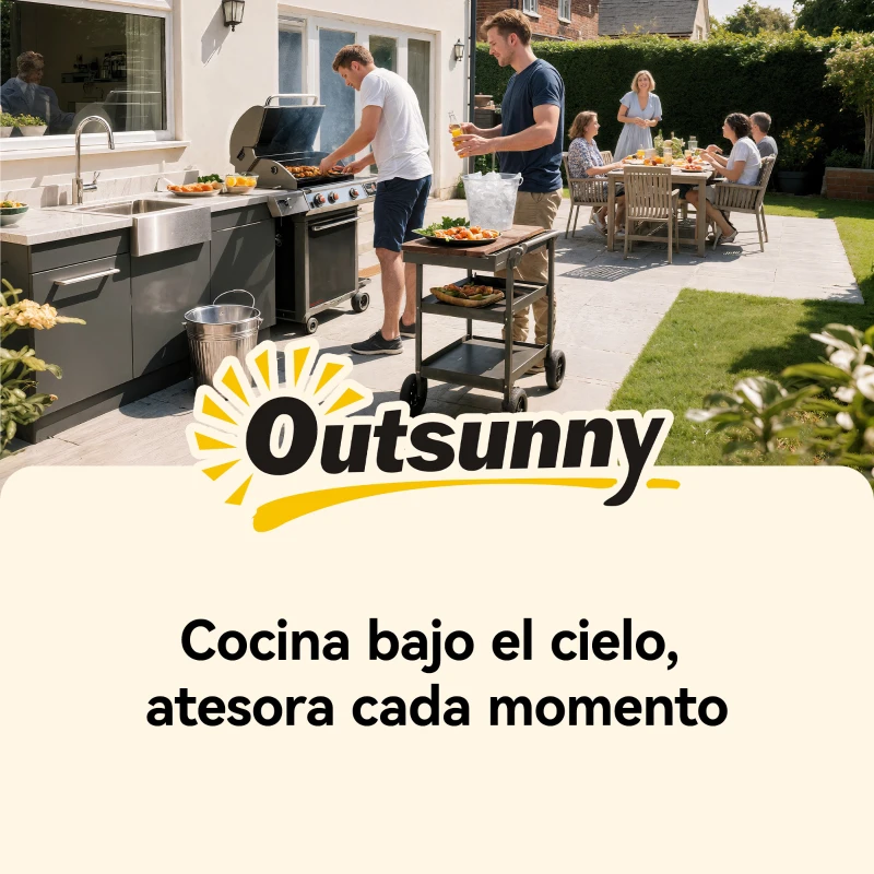 Outsunny Carrito de Barbacoa de 2 Niveles Mesa Auxiliar para Barbacoa Móvil con Ruedas Portabebidas Ganchos Asa Negro y Marrón